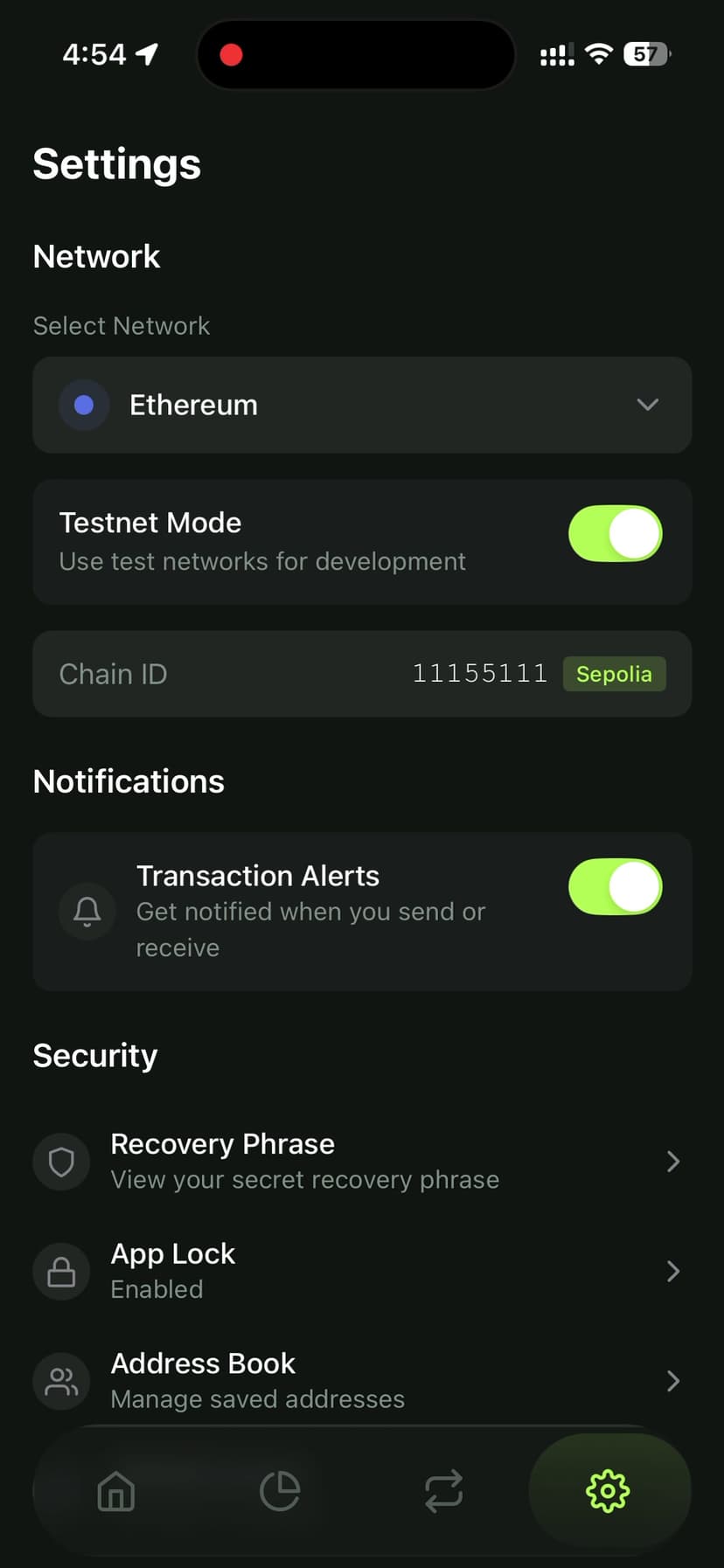 Settings - Network, Security, WalletConnect